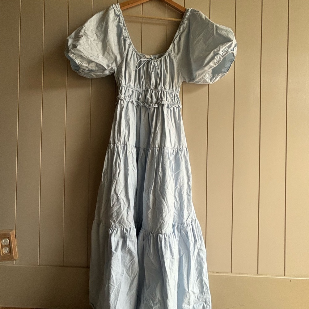 &MERCI Light Blue Puff Sleeve Midi Dress M